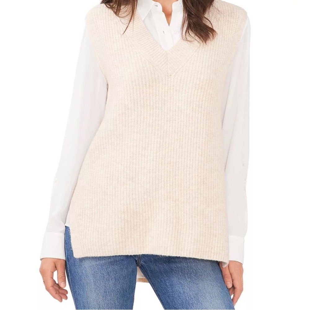 Vince Camuto Women's Oversized Knit V-Neck High-Low Sweater Vest in Malted Oat - Picture 2 of 11